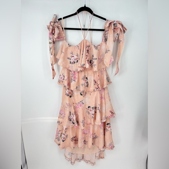 White Sand Off the Shoulder Sleeve Bow Ruffled Mini Dress - Picture 1 of 5